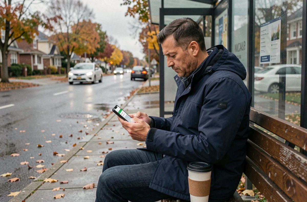 Homme utilisant une application de transport en commun sur son téléphone à un arrêt de bus en extérieur un jour d'automne
