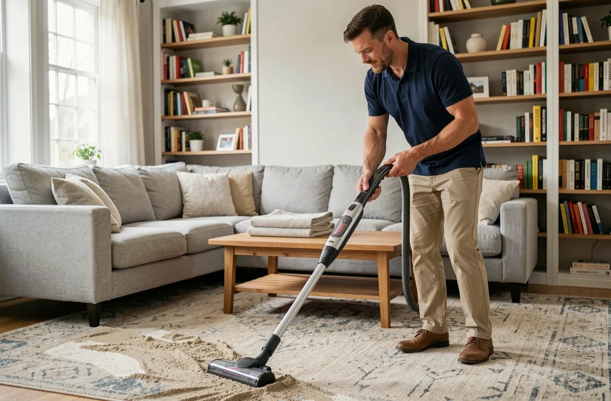 Homme passant l'aspirateur dans le salon lors d'un grand nettoyage organisé sur trois jours