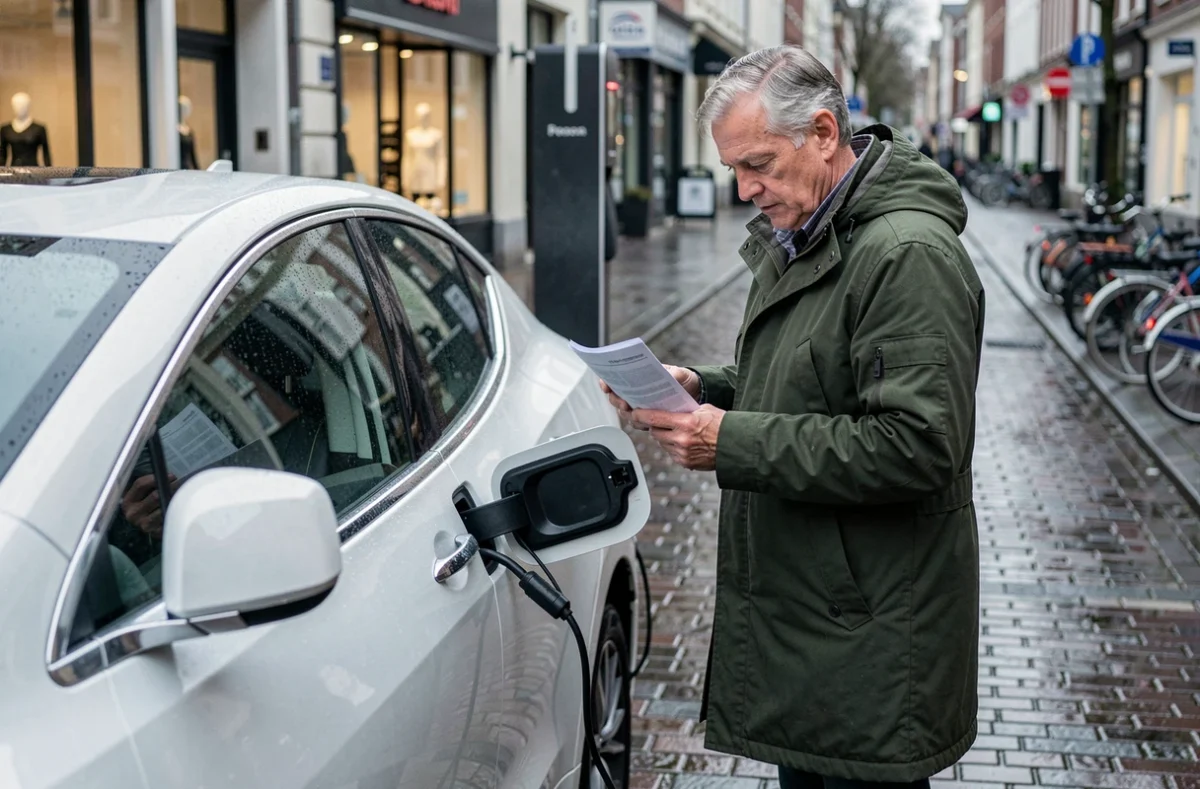 Homme lisant les instructions d'une borne de recharge pour voiture hybride en milieu urbain