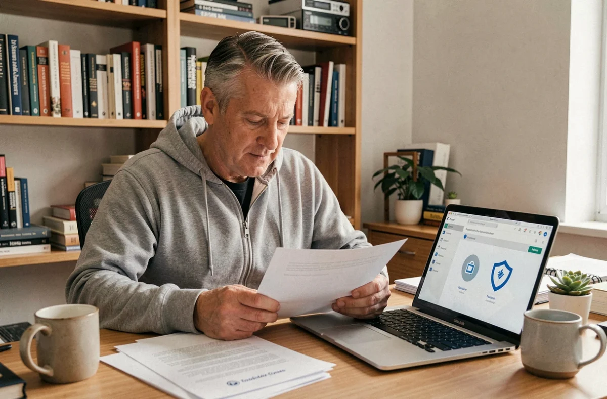 Homme consultant des documents de cybersécurité et un gestionnaire de mots de passe depuis son bureau à domicile
