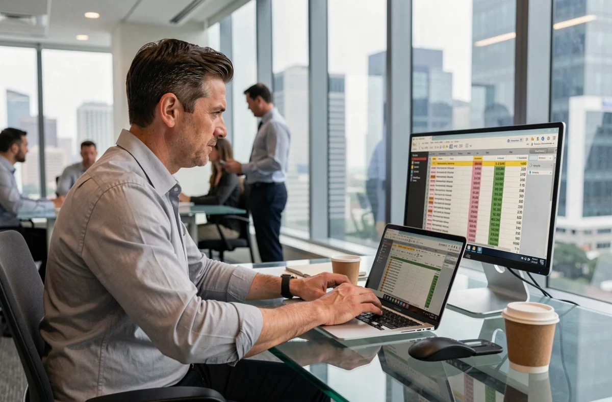 Homme d'affaires travaillant sur une déclaration de revenus internationaux dans un bureau moderne avec vue urbaine