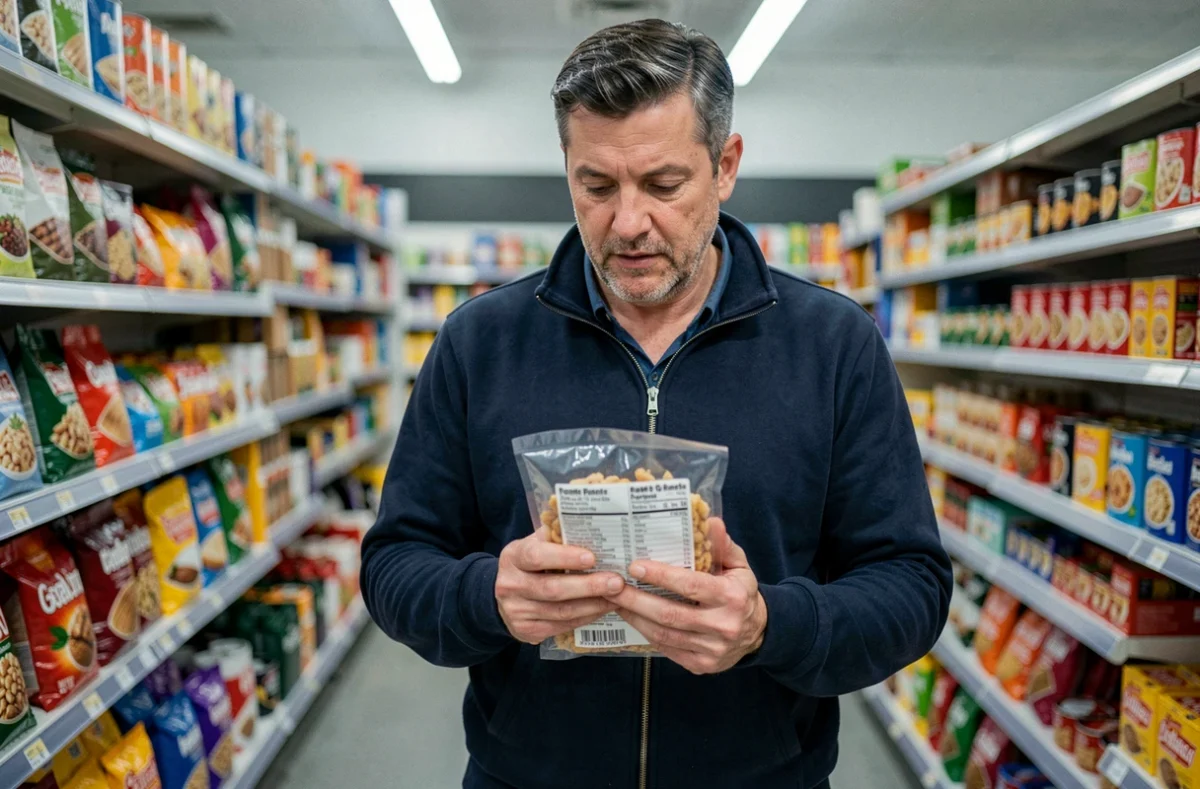 Homme lisant une étiquette nutritionnelle au supermarché pour mieux contrôler ses envies alimentaires