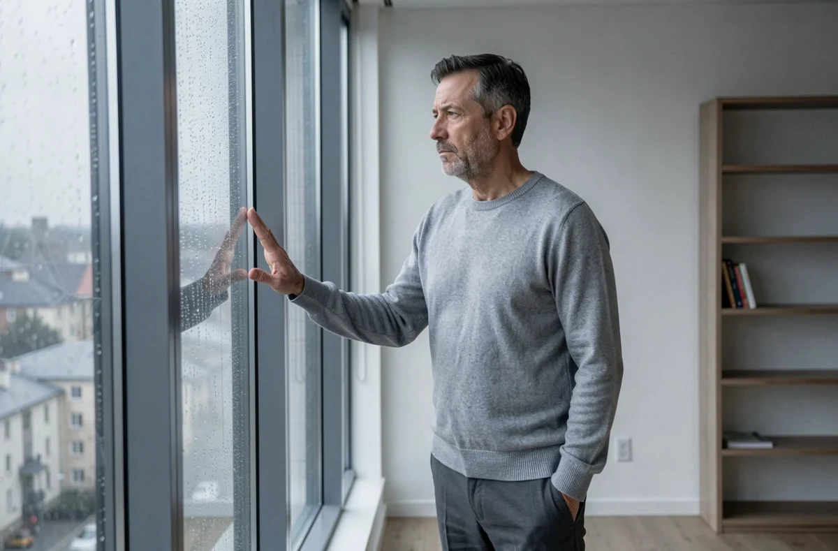 Homme d'âge mûr debout face à une fenêtre pluvieuse, regard introspectif, symbolisant le vide existentiel et la solitude intérieure