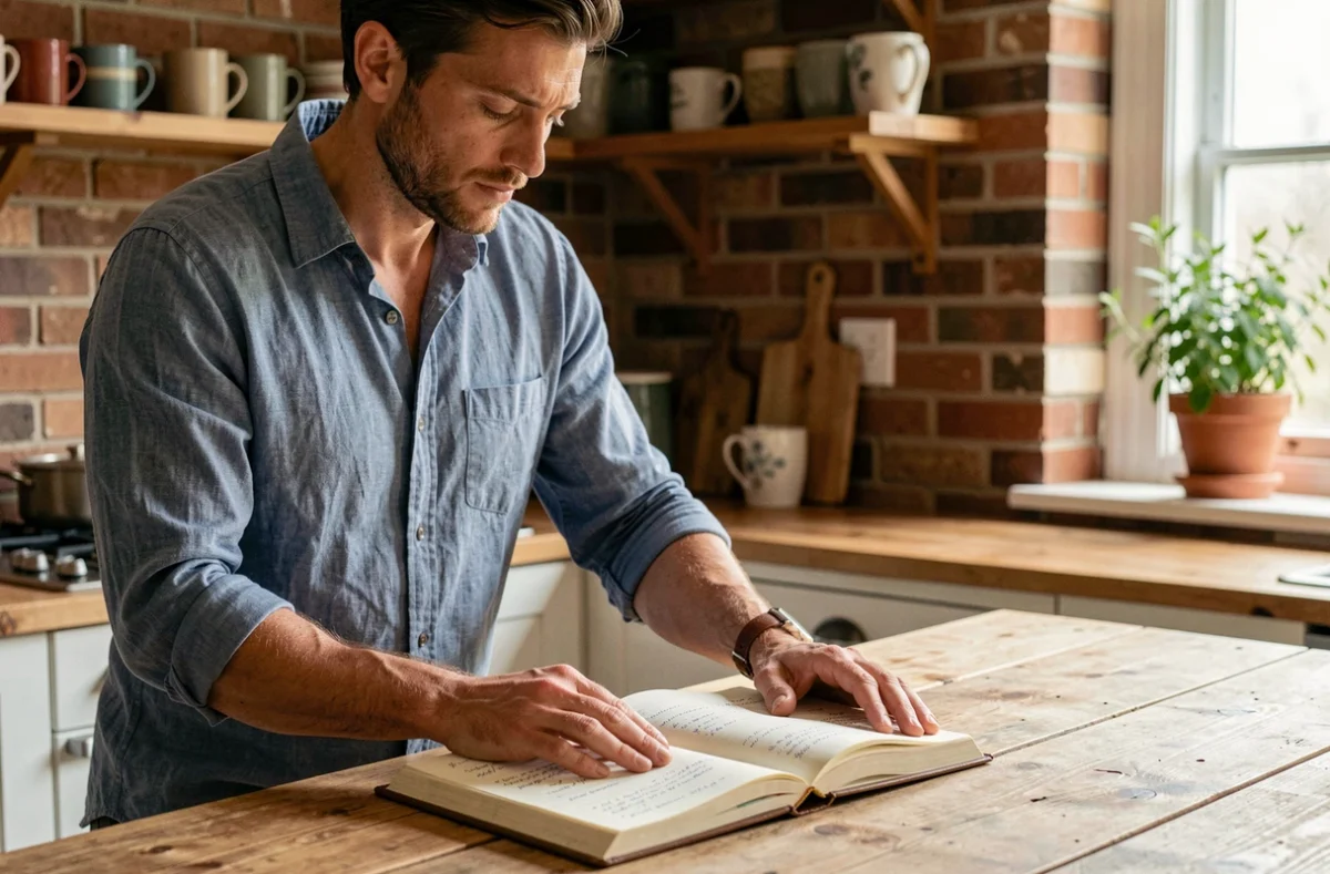 Homme écrivant dans un journal personnel dans une cuisine chaleureuse, symbole de réflexion et de résilience intérieure