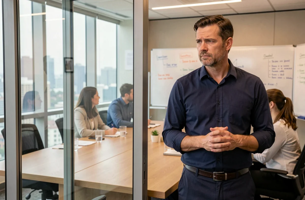 Homme mal à l'aise lors d'une réunion professionnelle, posture fermée devant une fenêtre de bureau