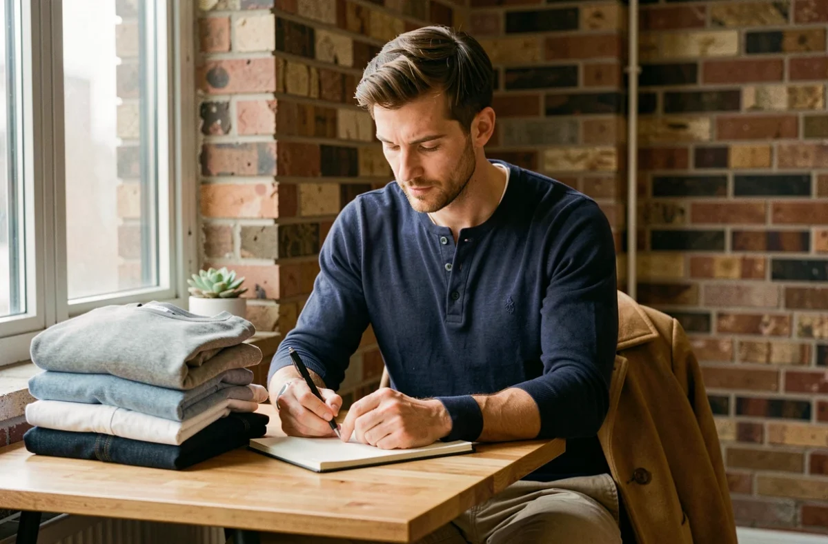Homme organisant sa garde-robe minimaliste avec la méthode 333 dans un appartement urbain moderne