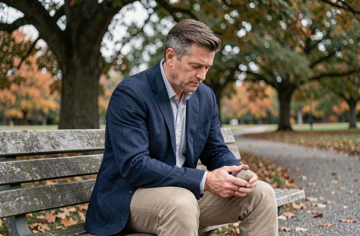 Homme pratiquant la pleine conscience en plein air assis sur un banc en bois dans un parc aux couleurs automnales