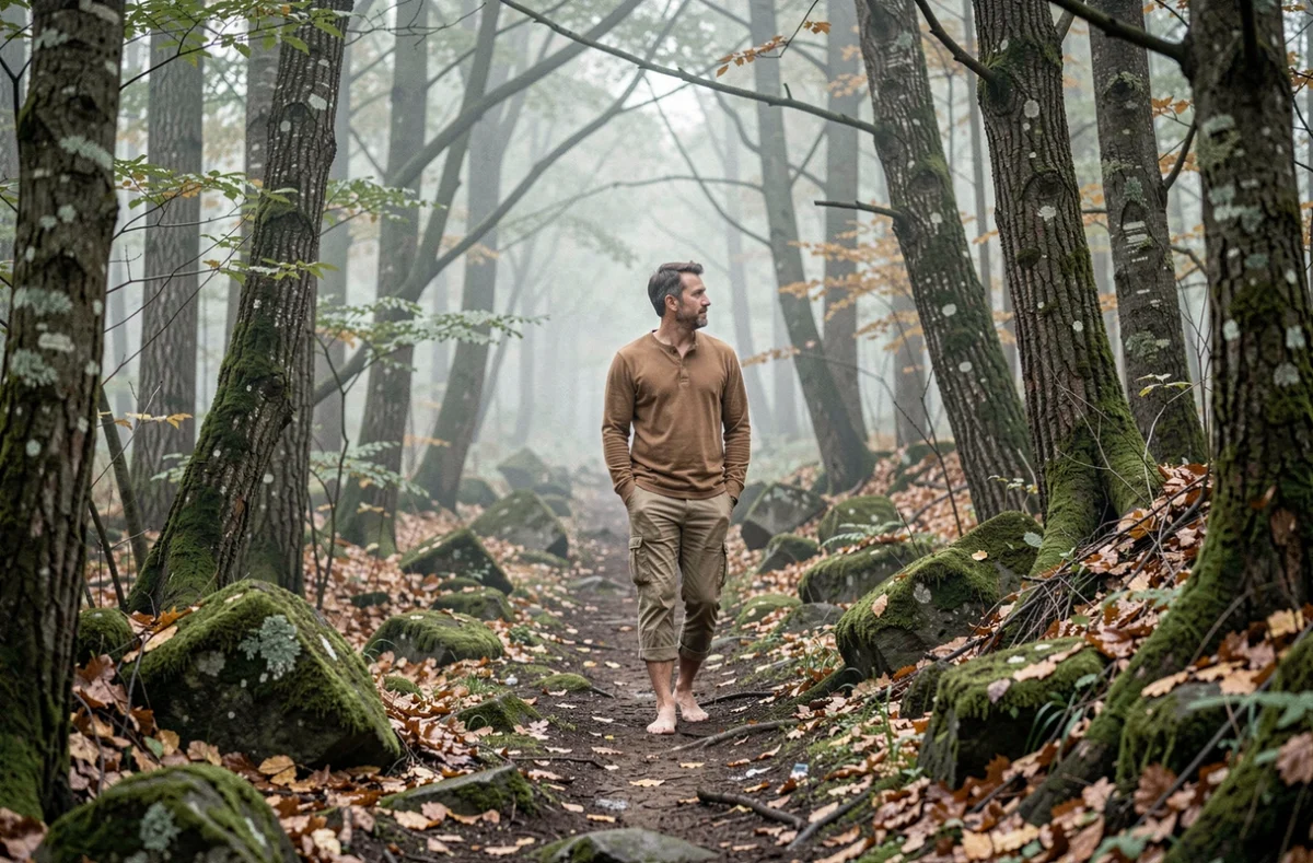 Homme marchant pieds nus sur un sentier forestier en automne, illustrant la lenteur et la reconnexion à la nature