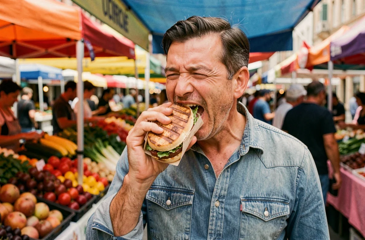 Homme mordant dans un sandwich merguez au marché alimentaire en plein air, expression gourmande illustrant le mot bouffer