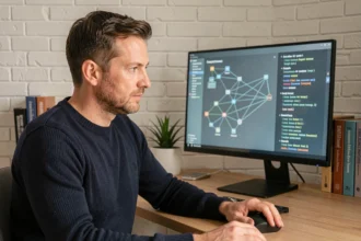 Homme consultant des diagrammes de réseau de neurones sur un écran d'ordinateur pour comprendre le fonctionnement d'un modèle de langage comme ChatGPT