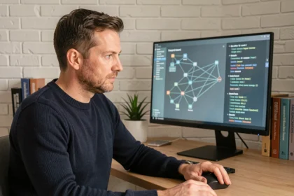 Homme consultant des diagrammes de réseau de neurones sur un écran d'ordinateur pour comprendre le fonctionnement d'un modèle de langage comme ChatGPT