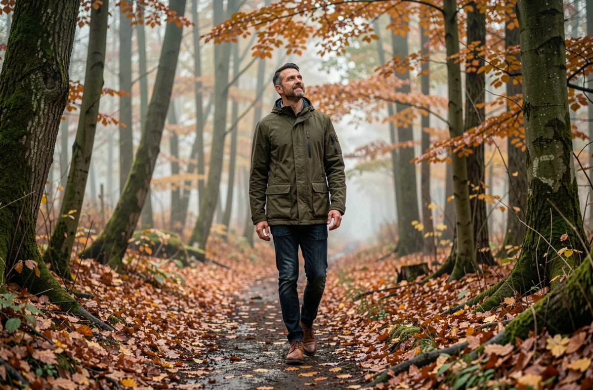 Homme seul se promenant sur un sentier forestier en automne, exprimant la paix intérieure et le bonheur solitaire dans la nature