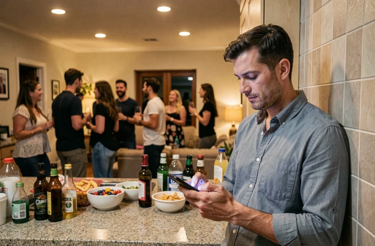 Homme ennuyé à une fête qui consulte son téléphone dans la cuisine pendant que les autres s'amusent dans le salon