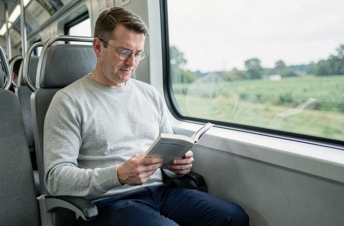 Homme lisant dans un train moderne, illustrant les avantages des transports en commun sans voiture