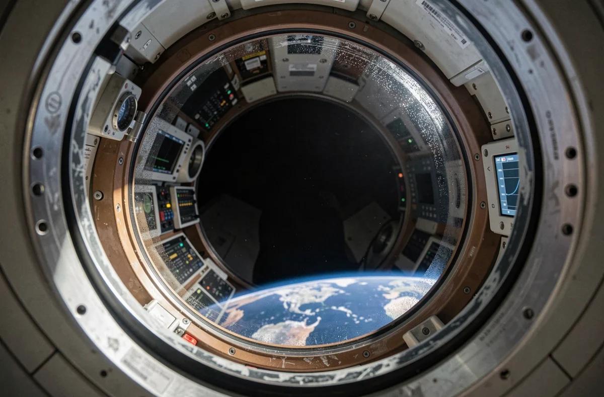 Hublot de vaisseau spatial avec vue sur la Terre et le vide de l'espace, symbolisant les conditions extrêmes auxquelles le corps humain serait exposé dans l'espace