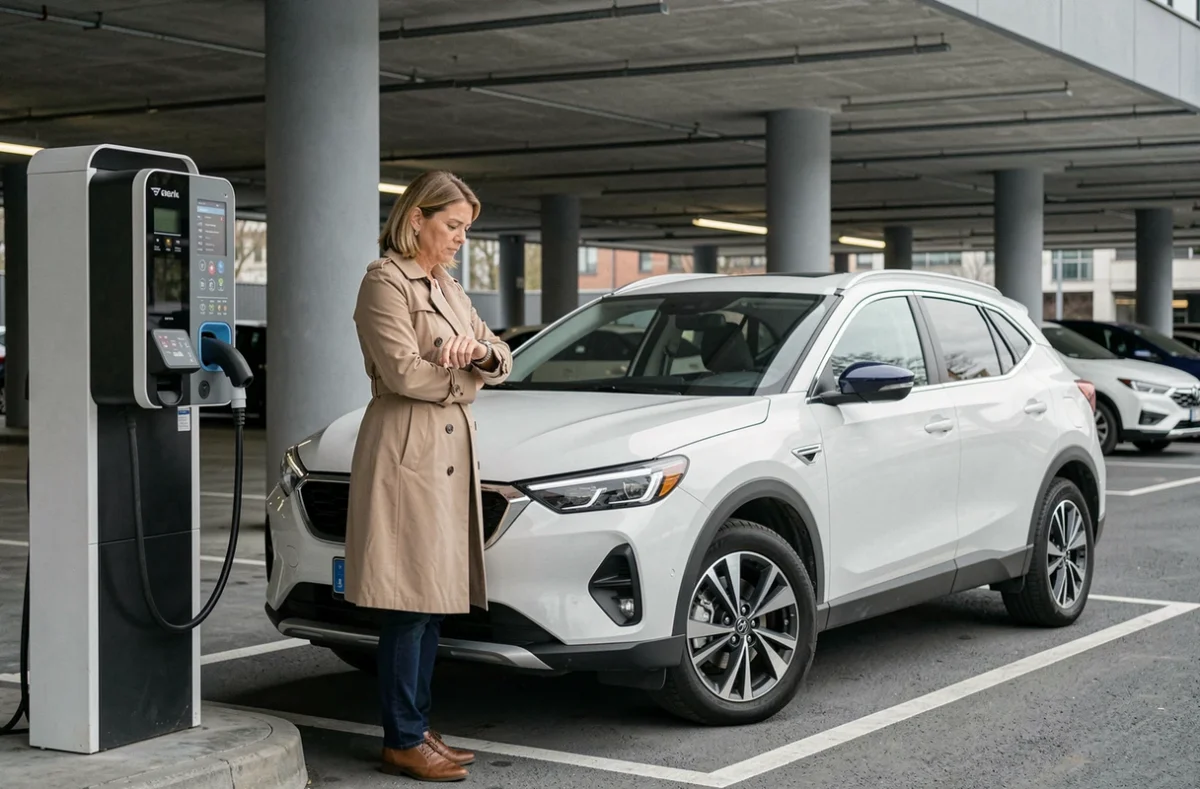 Femme attendant impatiemment la recharge de son SUV hybride à une borne de recharge dans un parking urbain