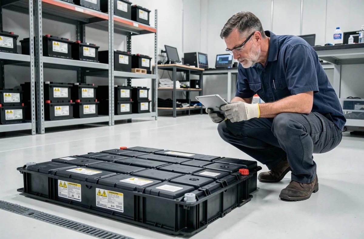 Ingénieur examinant un pack de batteries de voiture hybride démonté dans un laboratoire automobile avec tablette de diagnostic
