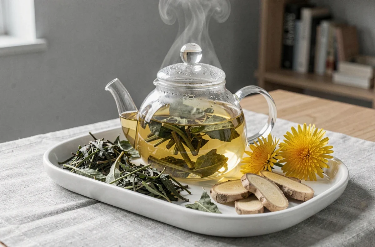 Infusion de plantes minceur dans une théière en verre entourée de feuilles séchées et de racines de gingembre sur plateau blanc