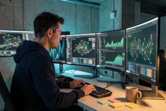 Ingénieur informaticien analysant des graphiques de vitesse de blockchain sur plusieurs écrans courbes dans un bureau moderne