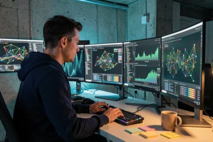 Ingénieur informaticien analysant des graphiques de vitesse de blockchain sur plusieurs écrans courbes dans un bureau moderne