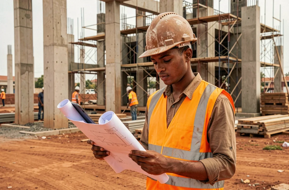 Ingénieur sur un chantier de construction d'infrastructure en Afrique, symbolisant le développement industriel des économies émergentes