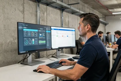 Ingénieur logiciel comparant une interface HMI industrielle et une interface GUI sur deux écrans dans un bureau moderne