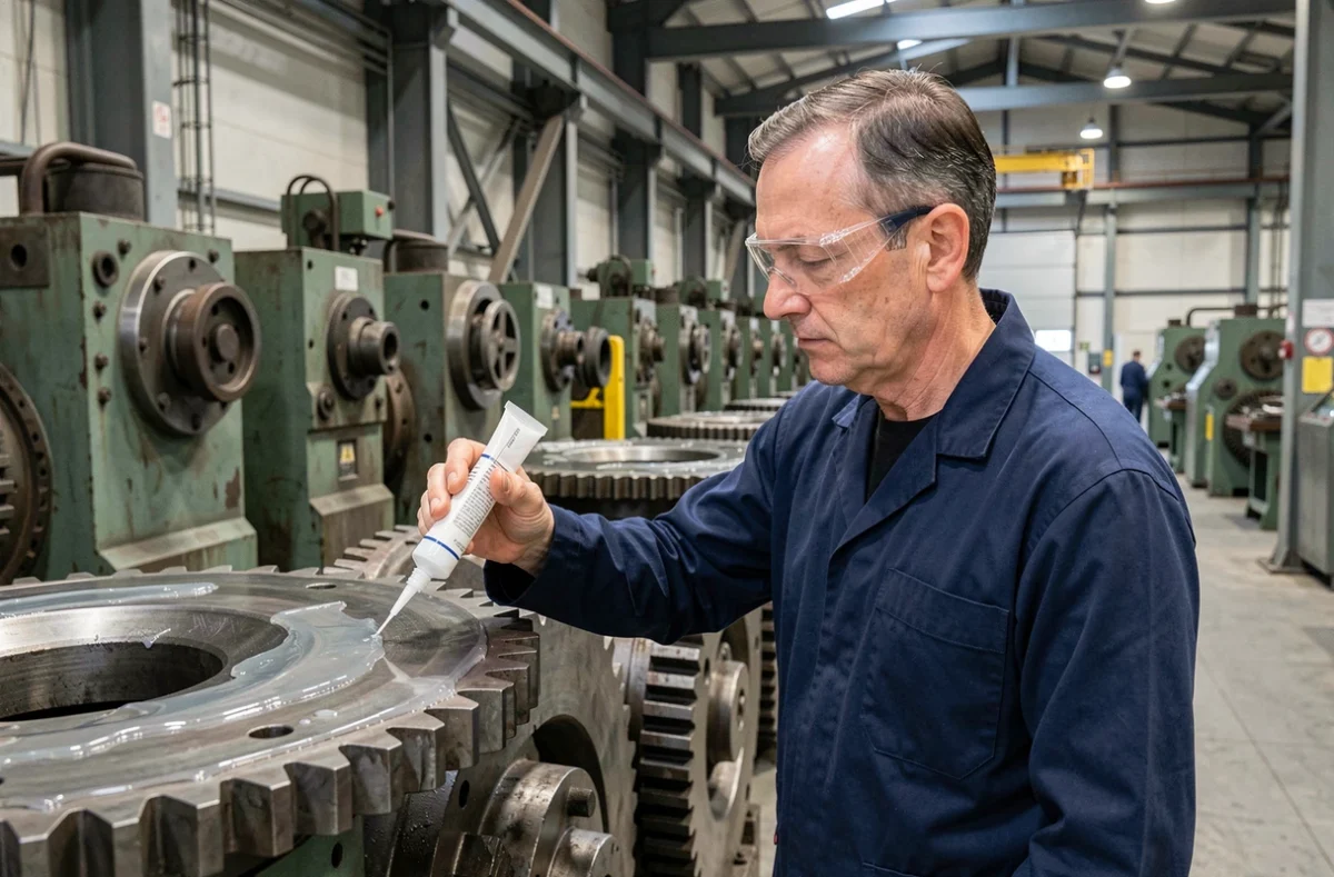 Ingénieur industriel appliquant un lubrifiant à base de polydiméthylsiloxane sur un engrenage mécanique en usine