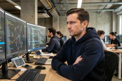 Ingénieur informaticien réfléchissant aux limites de la blockchain devant des écrans affichant des erreurs de réseau dans un bureau moderne
