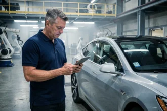 Ingénieur automobile américain inspectant une voiture électrique dans une usine de montage moderne aux États-Unis