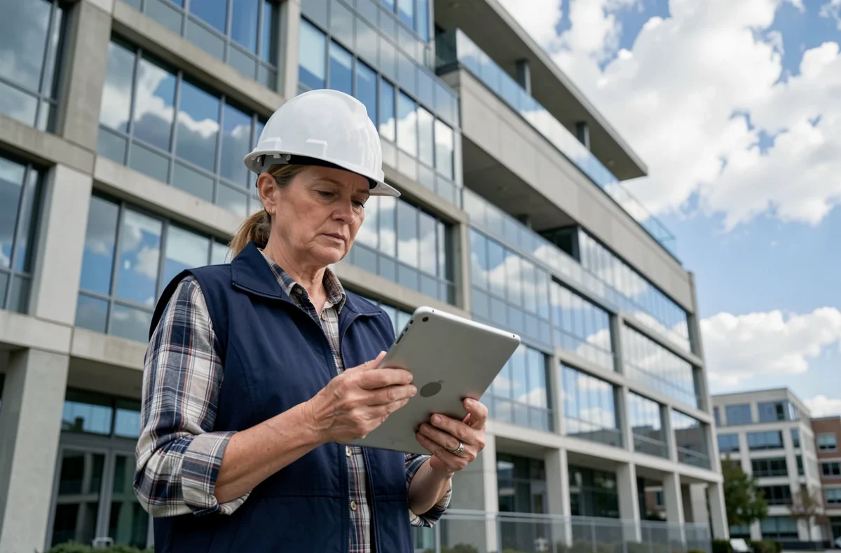 Ingénieure consultant un rapport de bilan énergétique devant la façade d'un immeuble de bureaux