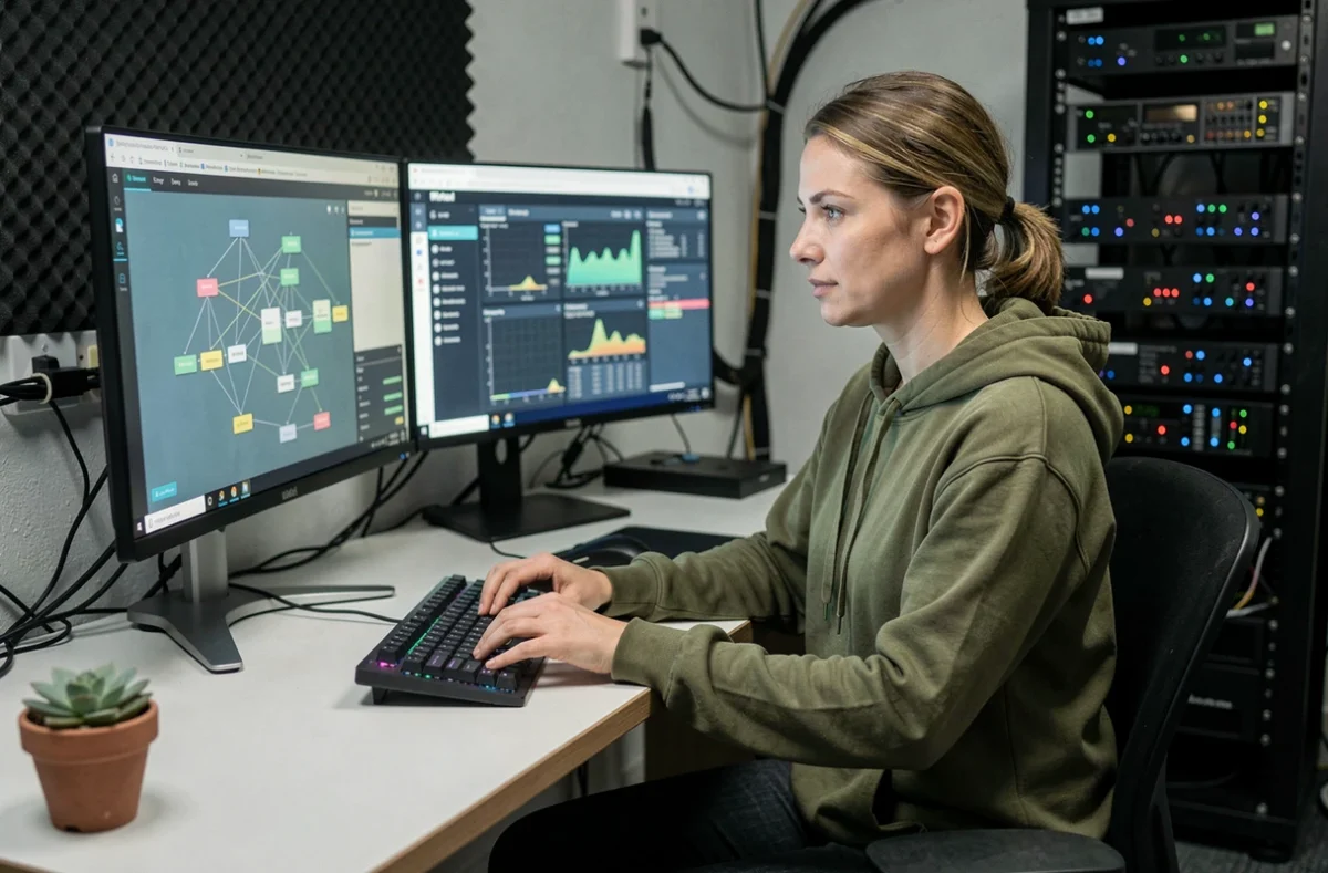 Ingénieure cloud concentrée devant ses écrans affichant une architecture de transformation numérique