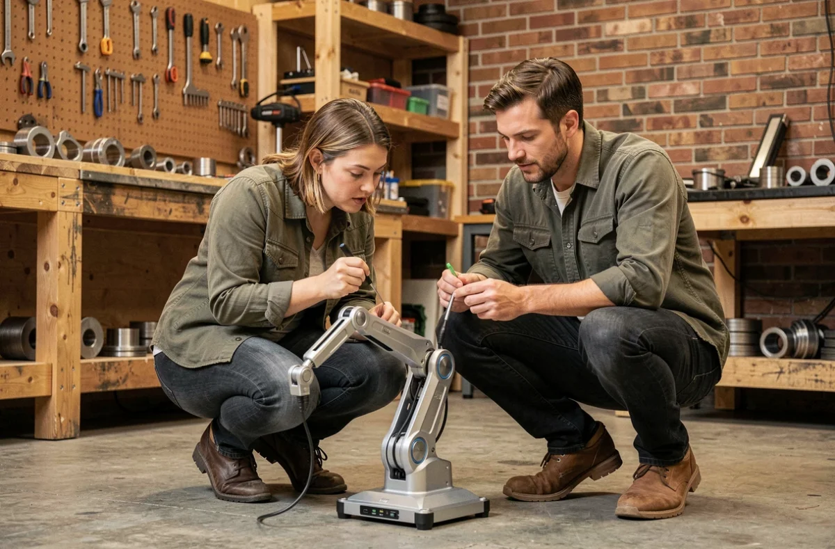 Deux ingénieurs examinant un prototype de robot dans un atelier de fabrication, symbolisant l'innovation technologique émergente