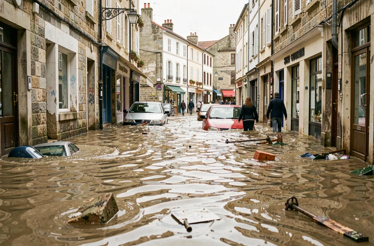 Rue inondée d'une ville côtière européenne avec des habitants pataugeant dans l'eau, illustrant les événements météorologiques extrêmes dus au changement climatique