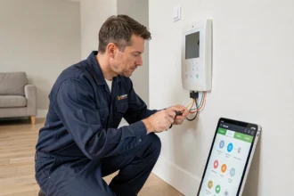Électricien professionnel en train d'installer un tableau domotique dans un salon rénové