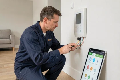Électricien professionnel en train d'installer un tableau domotique dans un salon rénové