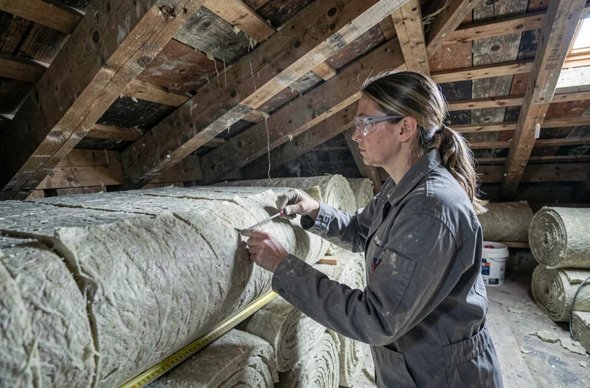 Artisane posant de l'isolation en laine minérale dans les combles d'une maison pour améliorer le DPE
