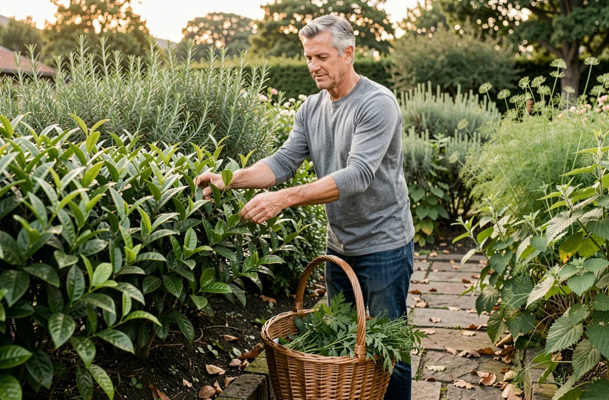 Homme dans un jardin botanique récoltant des plantes minceur comme le thé vert et le fenouil dans un panier en osier
