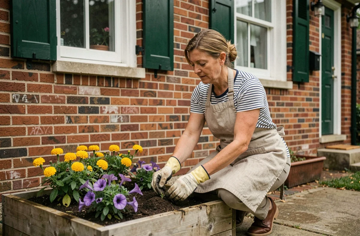 Femme plantant des fleurs devant une façade en brique rouge pour embellir l'entrée de sa maison