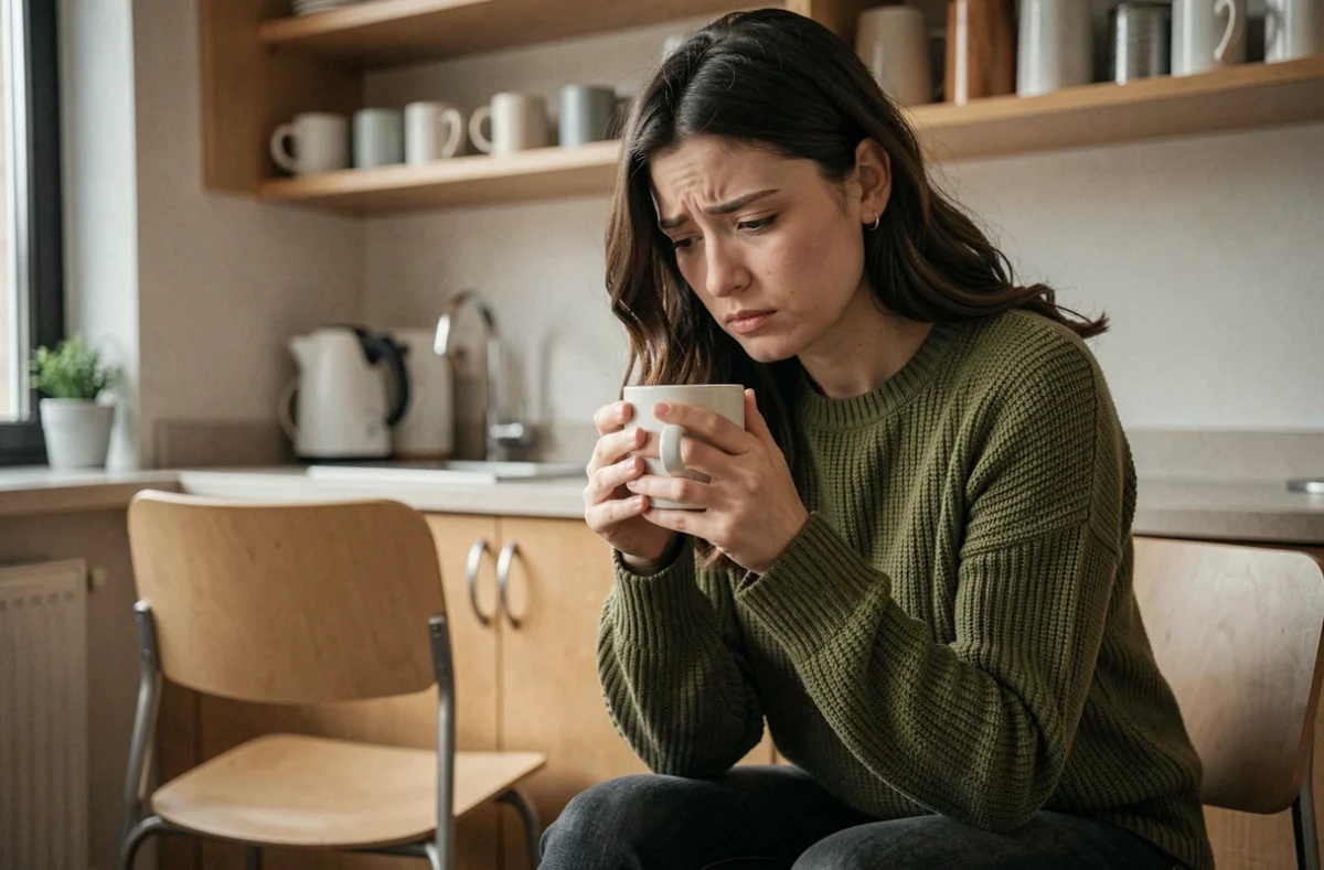 Jeune femme pensive et mal à l'aise dans une salle de pause au travail, tenant un café