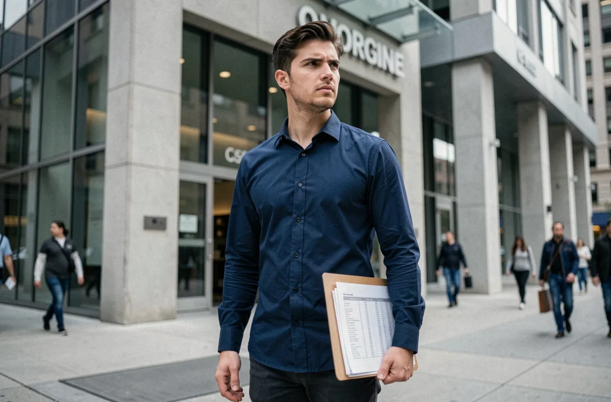 Jeune homme tenant des documents financiers devant une banque pour rembourser un prêt étudiant privé