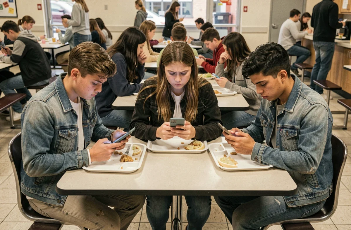 Groupe de jeunes isolés sur leurs téléphones dans une cafétéria scolaire, symbole du manque d'interaction sociale causé par les réseaux sociaux