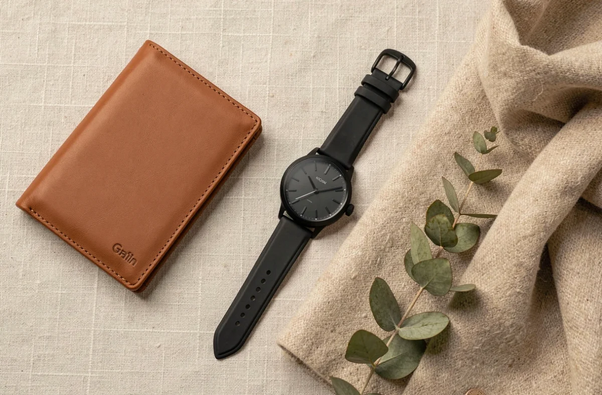 Flat-lay minimaliste d'accessoires de luxe discrets — portefeuille en cuir cognac, montre sobre, écharpe en laine et eucalyptus séché — sur fond lin pâle