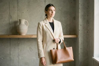 Femme élégante en manteau cachemire ivoire tenant un sac en cuir camel dans un appartement minimaliste parisien, illustrant la tendance du luxe silencieux