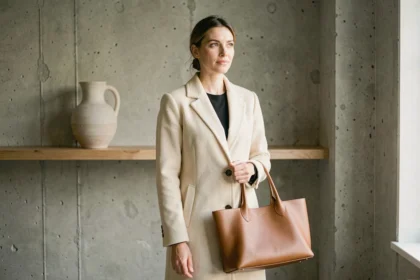 Femme élégante en manteau cachemire ivoire tenant un sac en cuir camel dans un appartement minimaliste parisien, illustrant la tendance du luxe silencieux