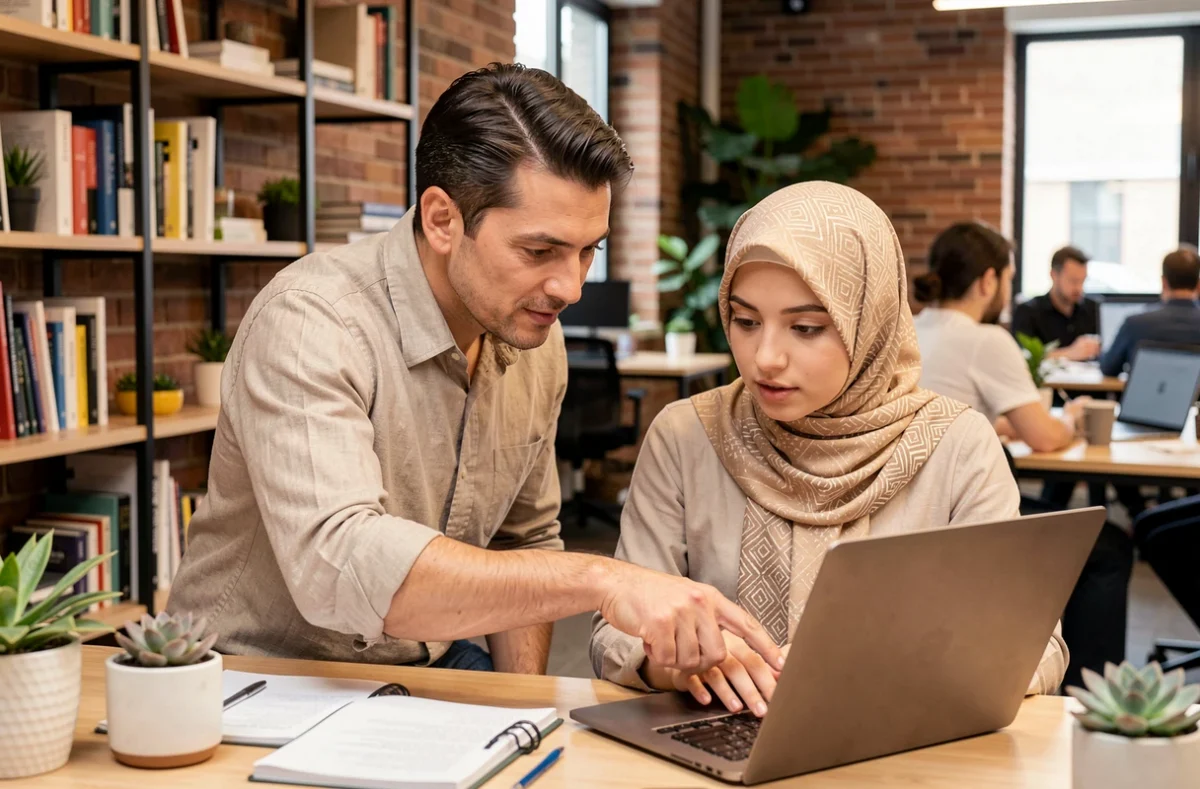 Manager et collaboratrice en hijab travaillant ensemble sur un ordinateur portable dans un espace de coworking, illustrant le management inclusif et le respect au travail