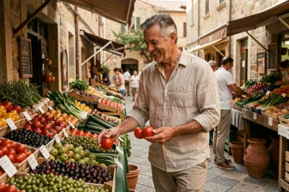 Homme méditerranéen en bonne santé faisant ses courses au marché de légumes frais en Europe du Sud