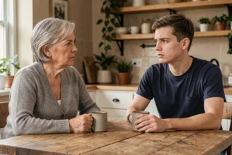Mère et fils adulte en conversation difficile autour d'une table de cuisine, regards fuyants exprimant tension et méfiance