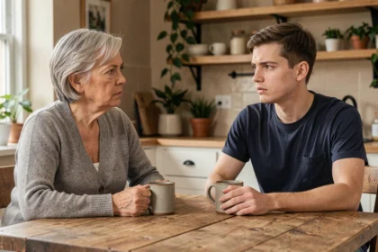Mère et fils adulte en conversation difficile autour d'une table de cuisine, regards fuyants exprimant tension et méfiance
