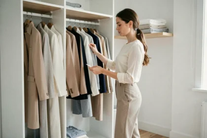 Femme devant une penderie minimaliste appliquant la méthode vestimentaire 333 avec 33 vêtements soigneusement sélectionnés