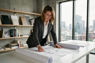 Directrice artistique professionnelle examinant des plans de design dans un studio moderne et contemporain